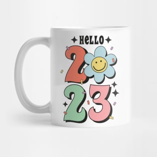 Hello 2023 Groovy Retro Happy Daisy Flower New Year Gift Mug